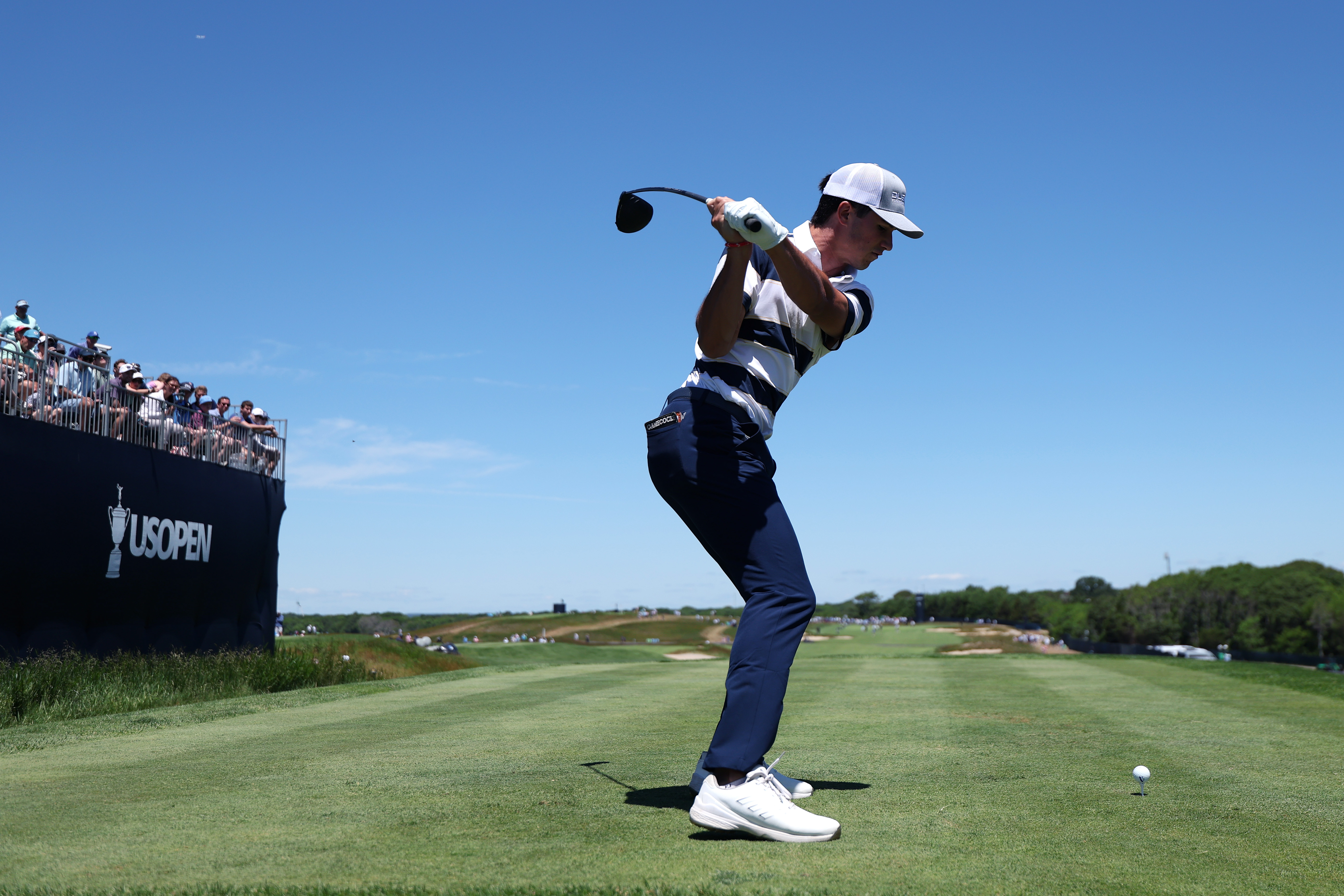 Amateur Marek Fleming of the United States tees off on the 12th hole prior to the 126th 2026 U.S. OPEN at Shinnecock Hills Golf Club (Photo by Andrew Redington/Getty Images)