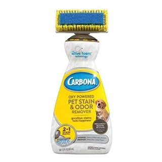 Carbona 2 in 1 Oxy-Powered Pet Stain bottle with brush on top