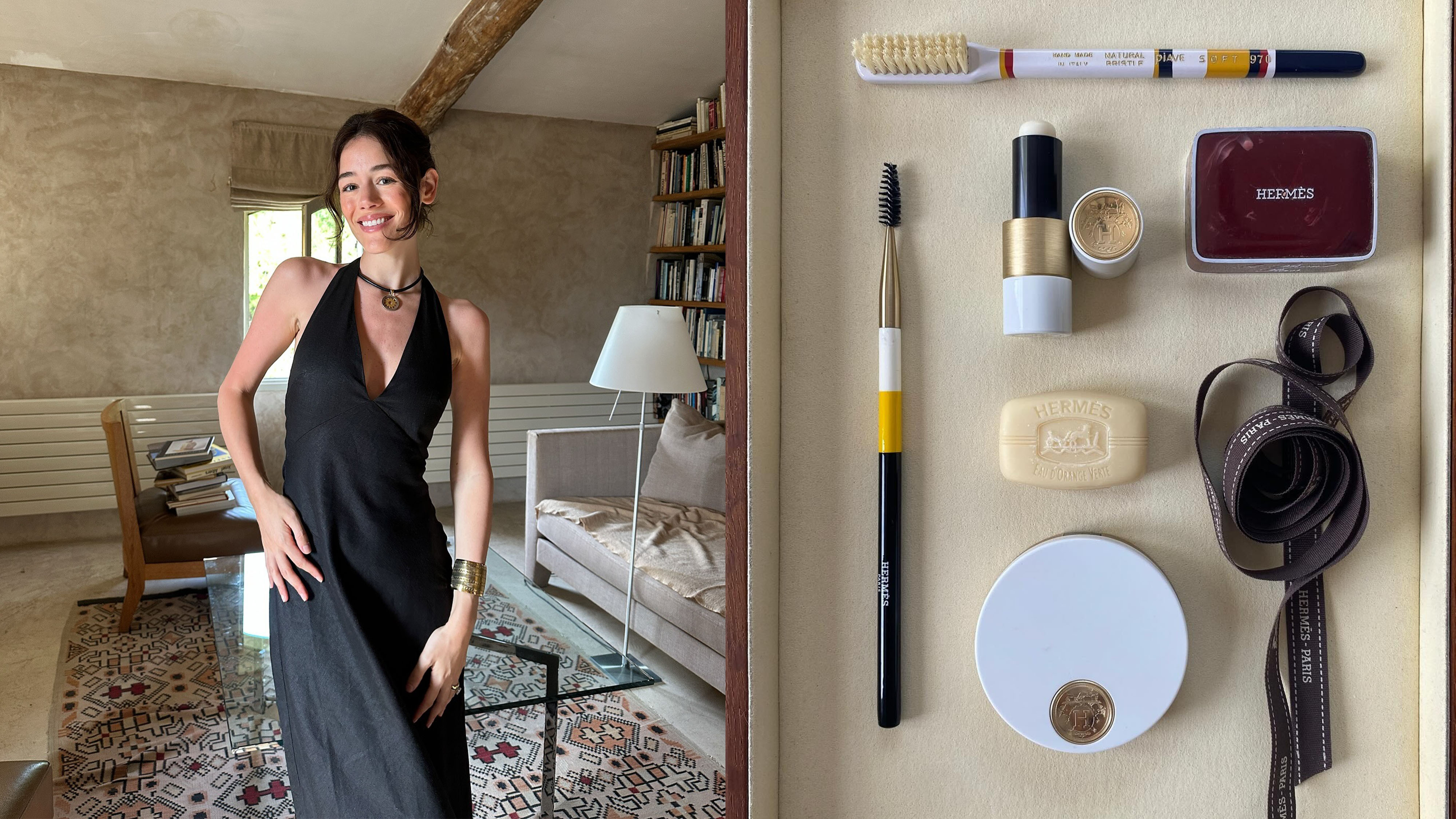 Collage of a woman and Hermes beauty products.