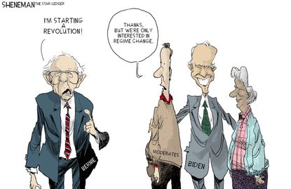 Political Cartoon U.S. Sanders democratic revolution moderates older vote prefer Biden