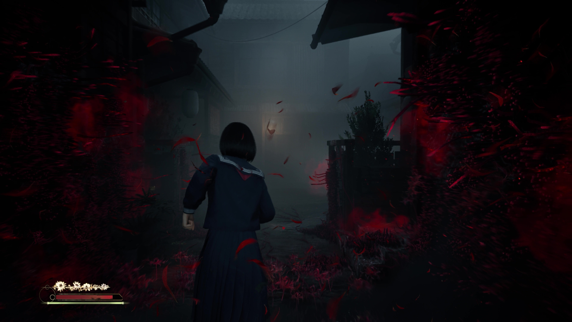 Hinako flees from oncoming fog and red growths in Silent Hill f