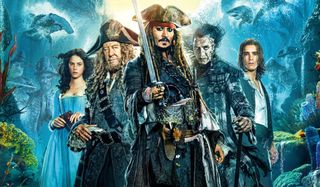Pirates of the Caribbean: Dead Men Tell No Tales main character lineup in front of a parted sea