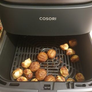 Veggie meatballs in an open drawer of the COSORI Turbo Blaze air fryer