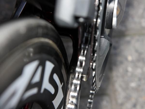 In addition to being a few millimeters longer, the chain stays on BMC's Paris-Roubaix-tweaked SLR01 Team Machines are slightly scalloped around the tire for extra clearance.
