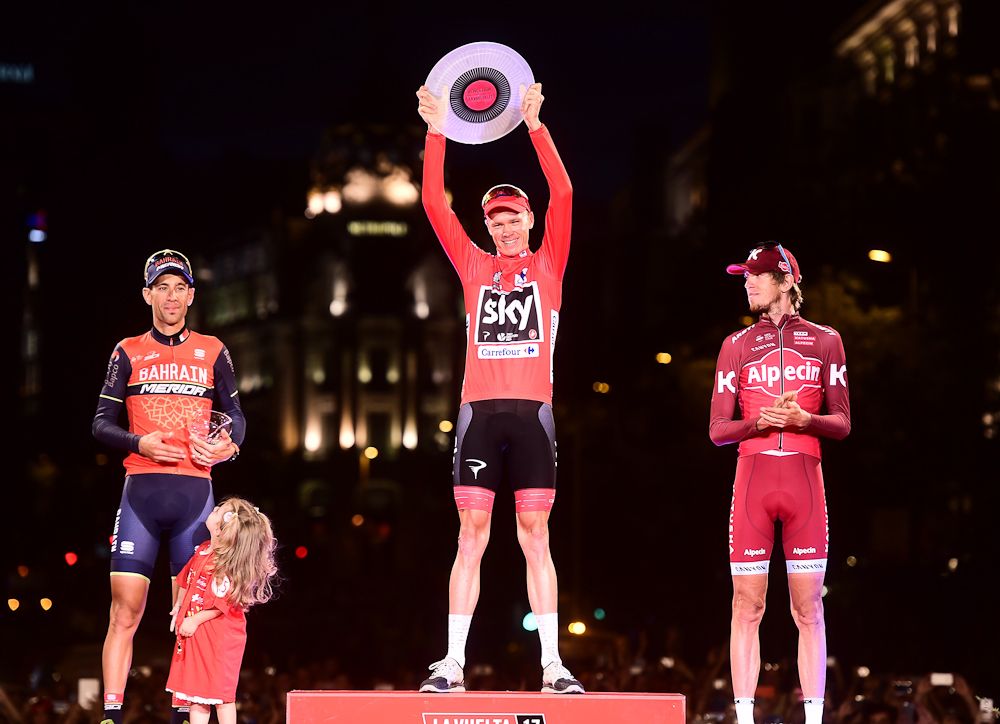 Chris Froome, Vincenzo Nibali and Ilnur Zakarin on the 2017 Vuelta podium