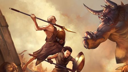 Key art for God of War Sons of Sparta showing Kratos and Deimos battling a minotaur and other mythological foes with spear and shield