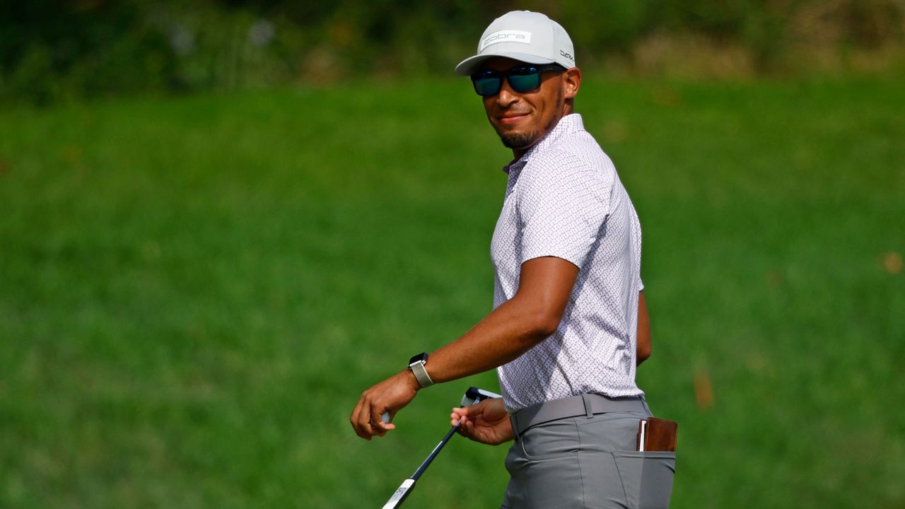 Chase Johnson of the United States reacts to his putt on the fifth green during the second round of The Genesis Invitational at Riviera Country Club on February 16, 2024