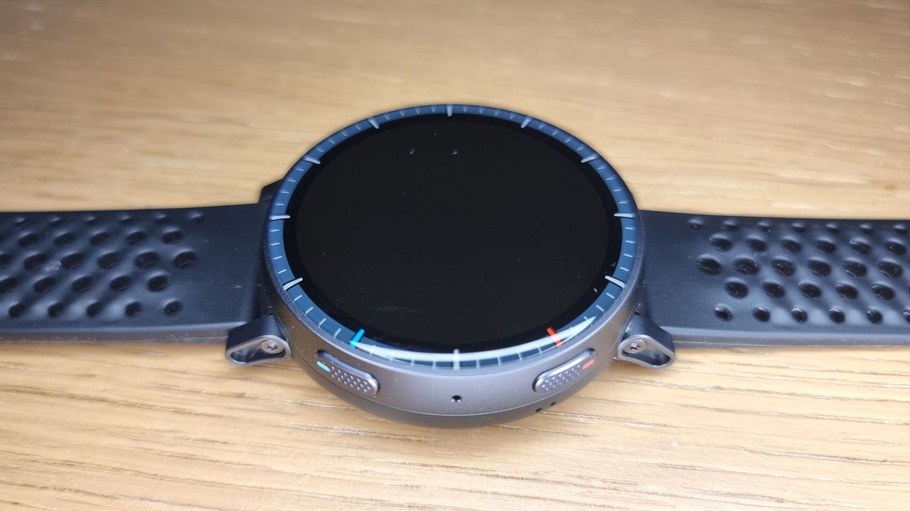 A close-up picture of the Amazfit Active Max smartwatch laid out on the table