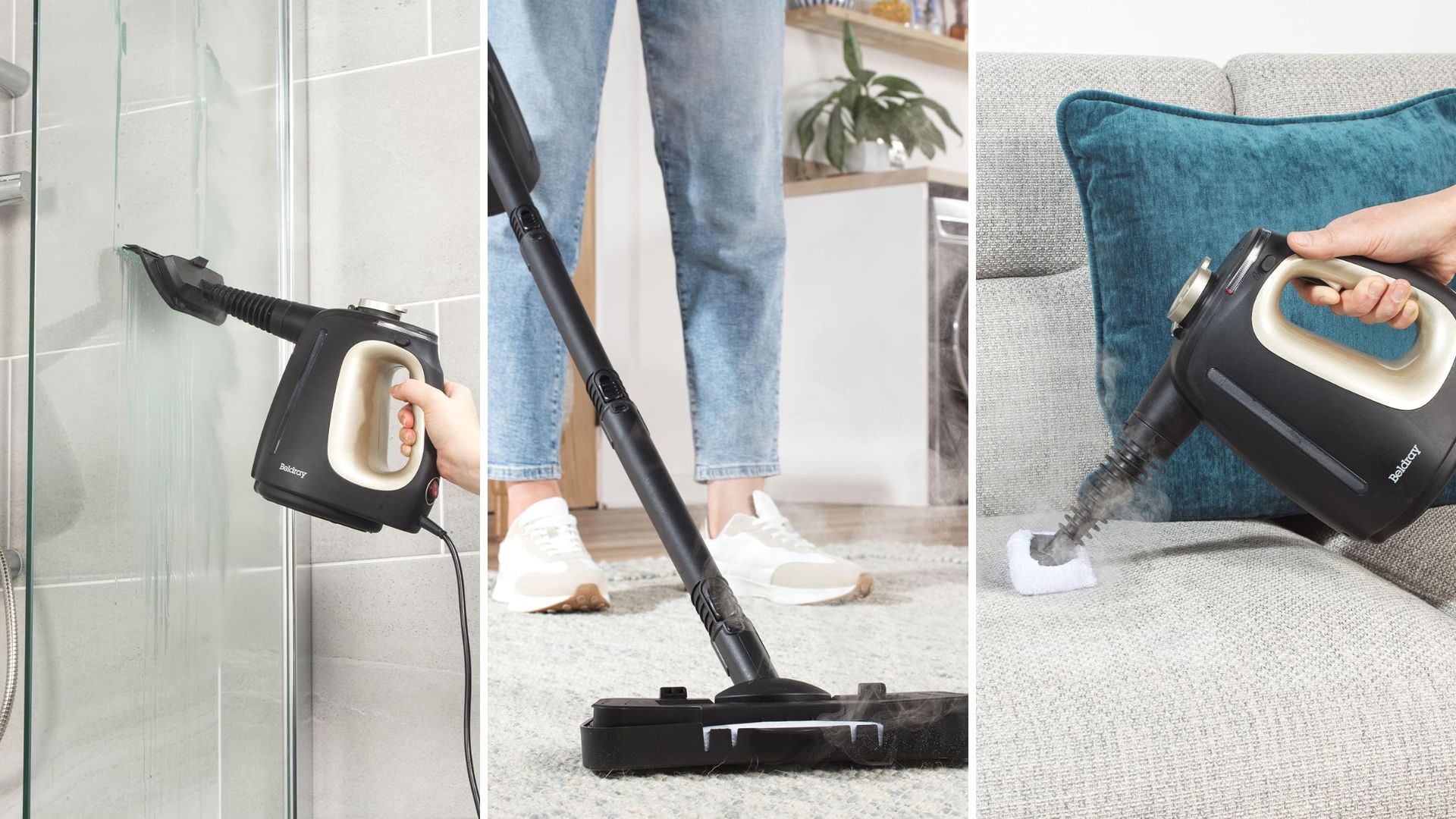 Beldray Steam Cleaner being used to clean carpets, sofas, and showers