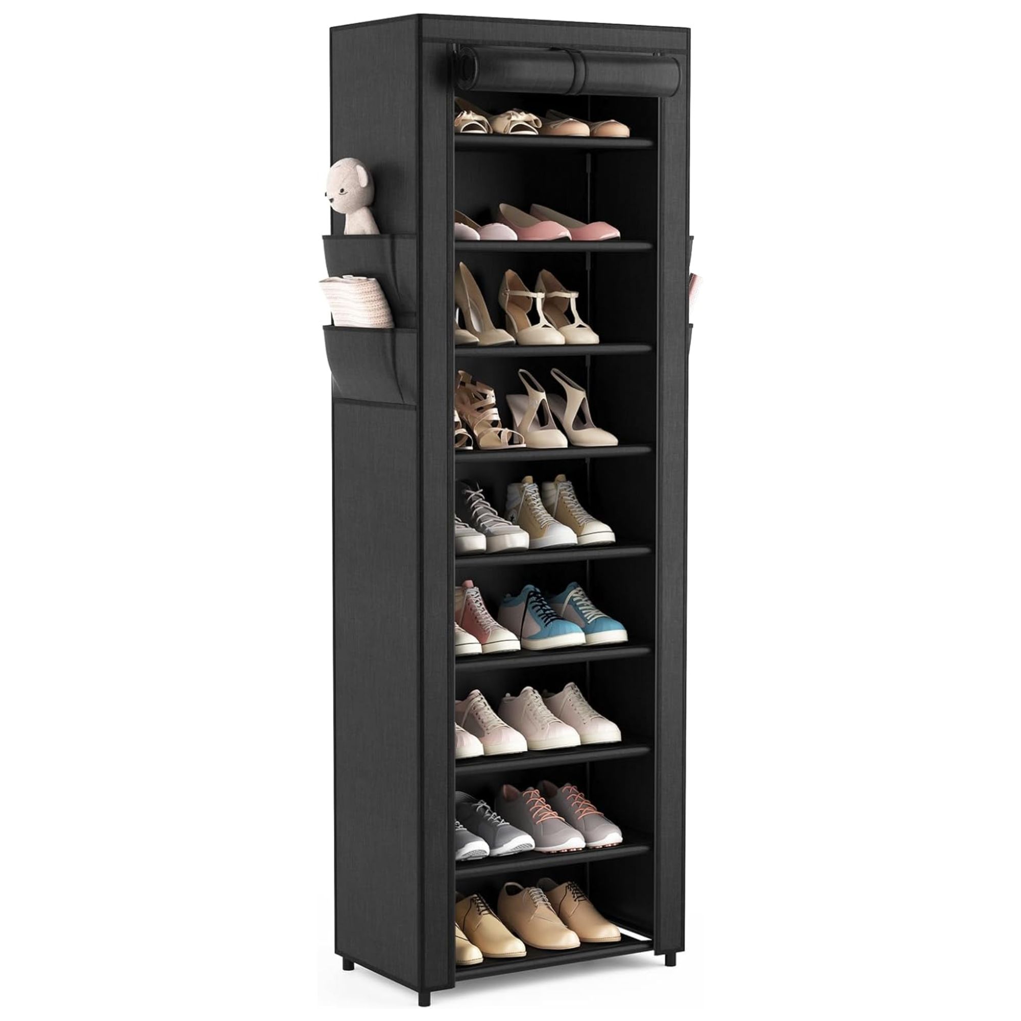Black shoe rack filled with shoes