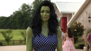 Tatiana Maslany as She-Hulk in a polka dot dress in She-Hulk: Attorney at Law