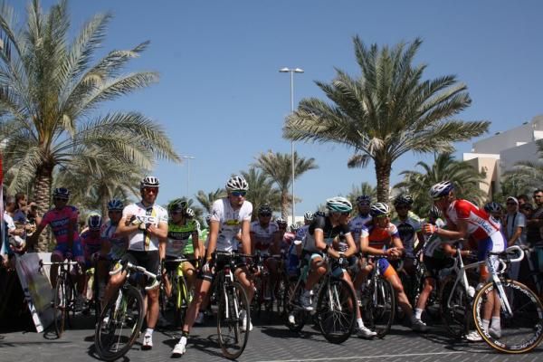 The riders wait under palm trees and blue skies.