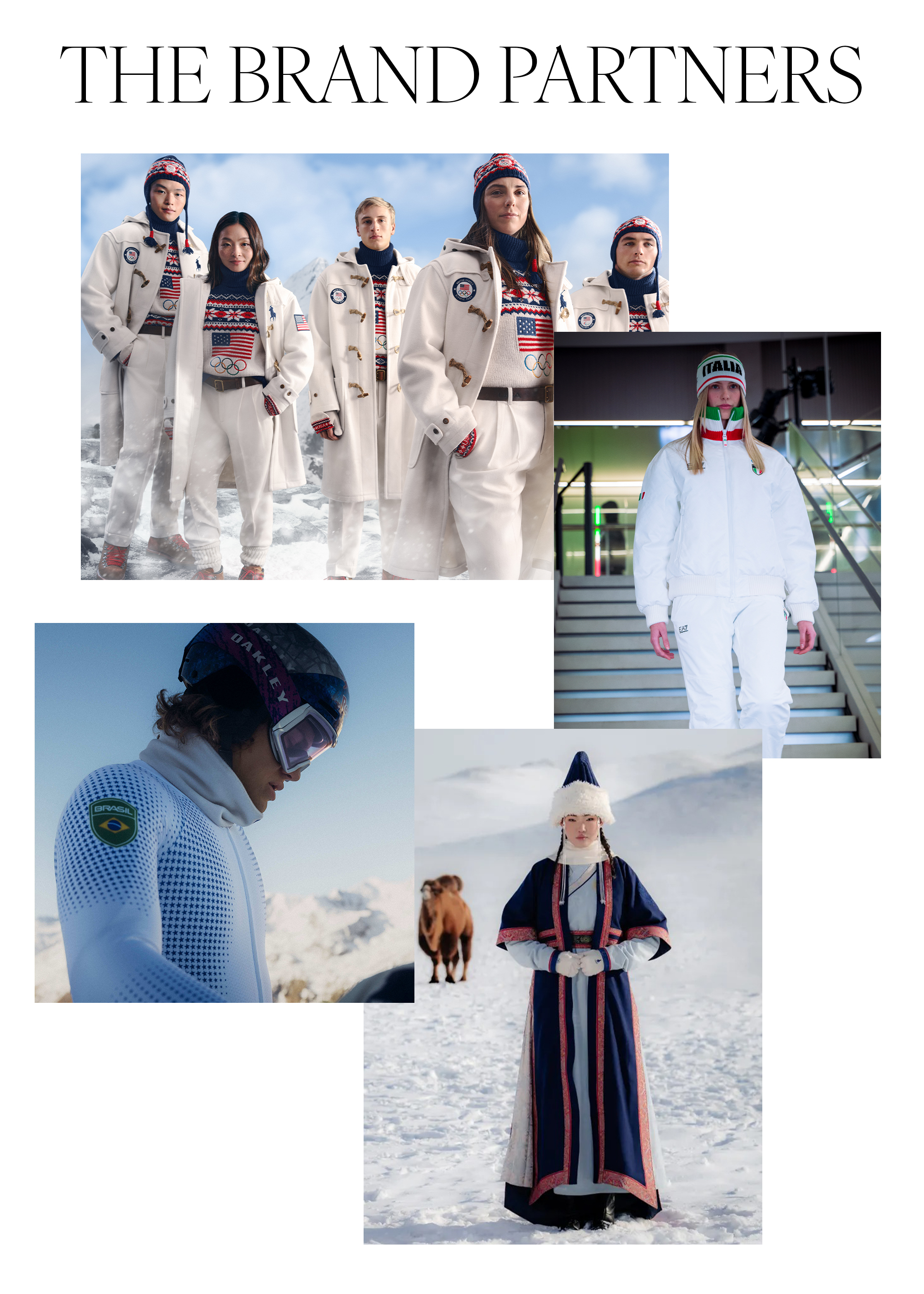 A collage with the header: The Brand Partners. Photos are from Ralph Lauren for Team USA, Emporio Armani for Team Italy, Moncler for Team Brazil, and Goyol Cashmere for Team Mongolia.