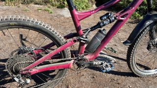 Close up of mountain bike showing rear suspension
