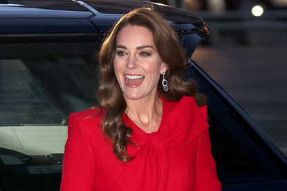 a close u[ of Kate Middleton arriving for her Christmas carol concert