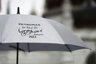 ALOR SETAR MALAYSIA OCTOBER 16 Detailed view of an umbrella with the race logo on it during the rainy stage of the 26th Le Tour de Langkawi 2022 Stage 6 a 1204km stage from George Town to Alor Setar PETRONASLTdL2020 on October 16 2022 in Alor Setar Malaysia Photo by Tim de WaeleGetty Images