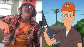 Johnny Hardwick as Rusty Shackelton, and an image of Dale Gribble from King of the Hill, pictured side-by-side.