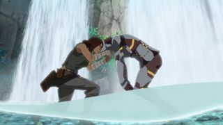 Ark show - two characters fight in front of a waterfall