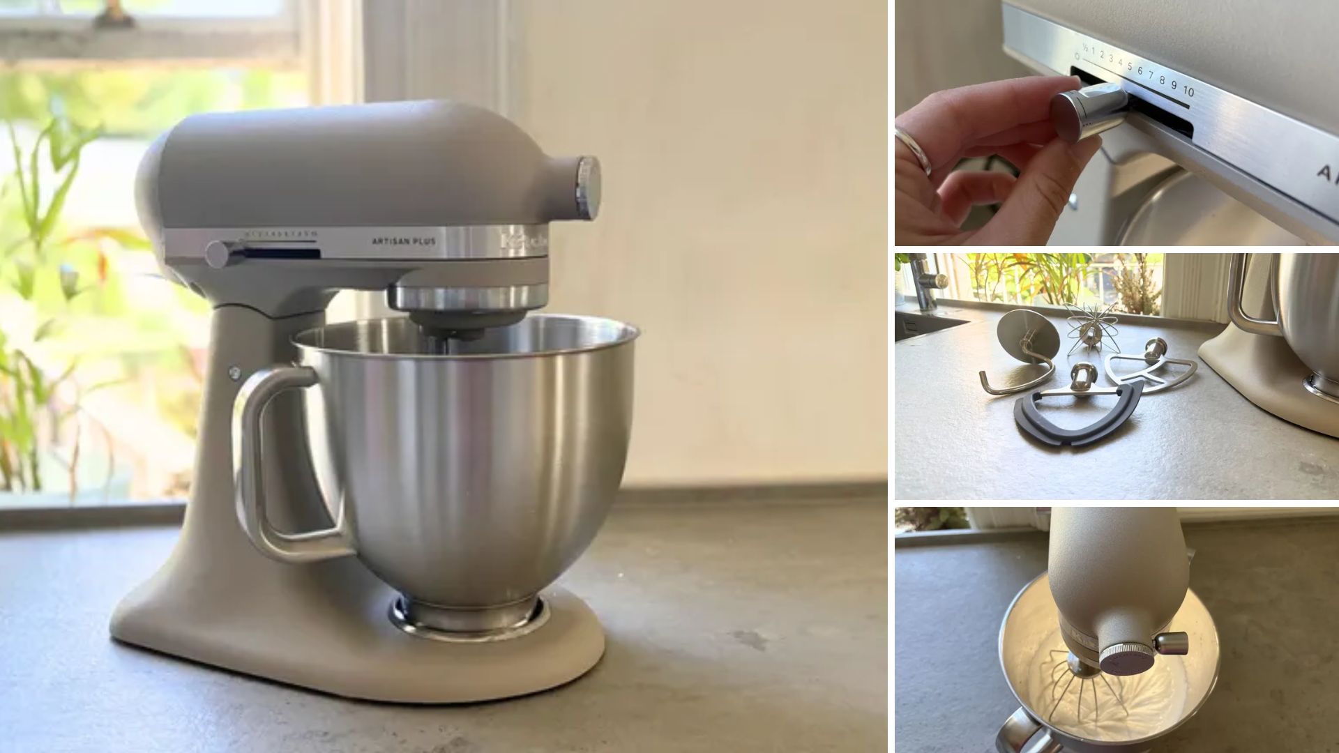 KitchenAid Artisan Plus Tilt-Head 4.7L Stand Mixer with images of the new upgrades, including a bowl light, sliding speed function and extra accessory