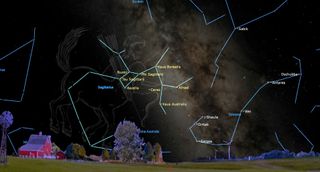 A giant transparent centaur hangs in the night sky, with a bow and arrow darwn. Within, blue lines connect ligh labeled light points as stars that makeup constelaltions. Below, a low grassy horizon with a red barn on the left and windmills on the right.