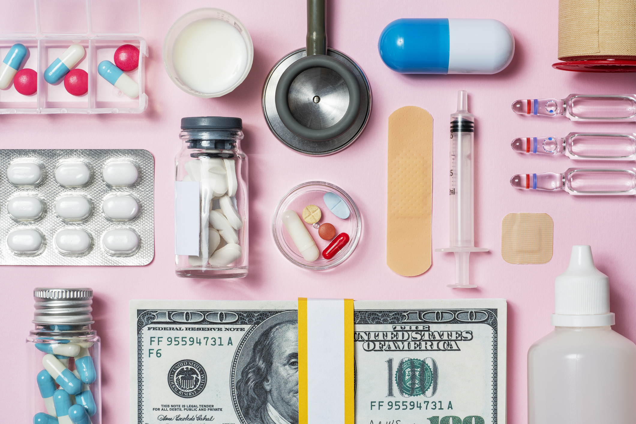 Medicine and money flat lay