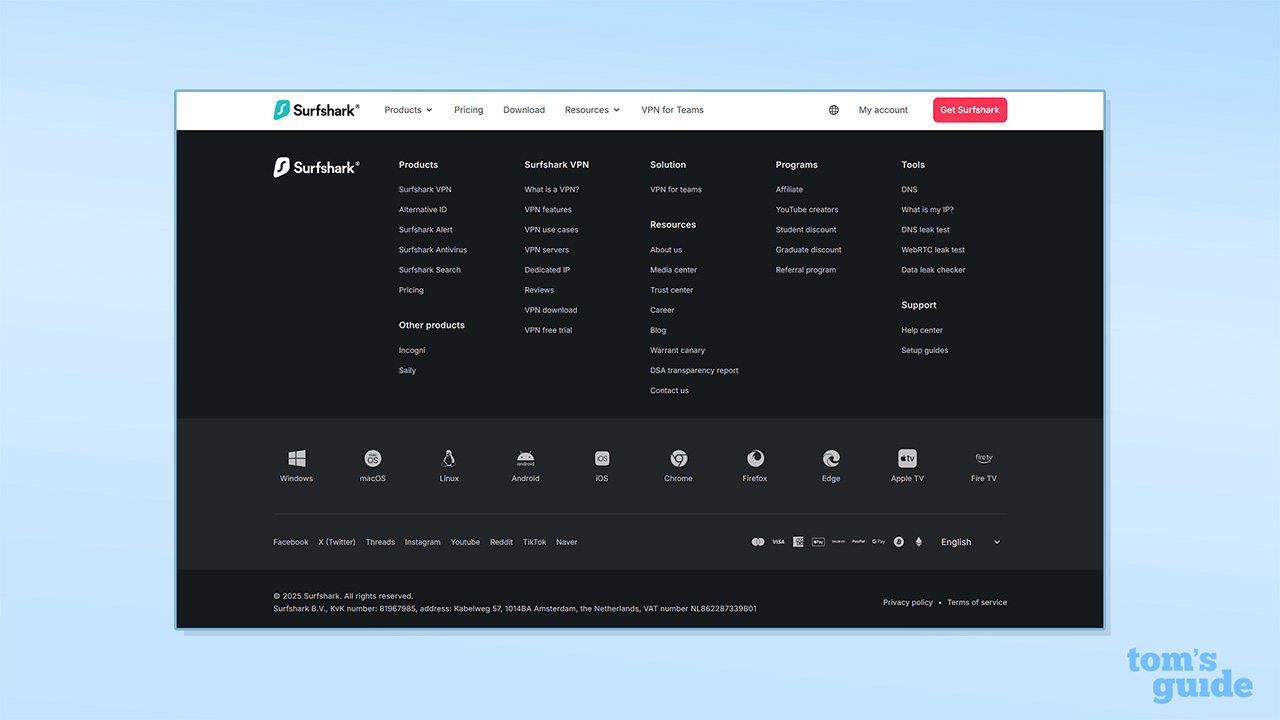 Screenshot of Surfshark website showing its company name