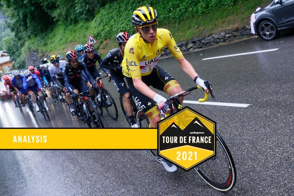 Team UAE Emirates&#039; Tadej Pogacar of Slovenia wearing the overall leader&#039;s yellow jersey leads the pack during the 9th stage of the 108th edition of the Tour de France cycling race, 144 km between Cluses and Tignes, on July 04, 2021. (Photo by Thomas SAMSON / AFP) (Photo by THOMAS SAMSON/AFP via Getty Images)