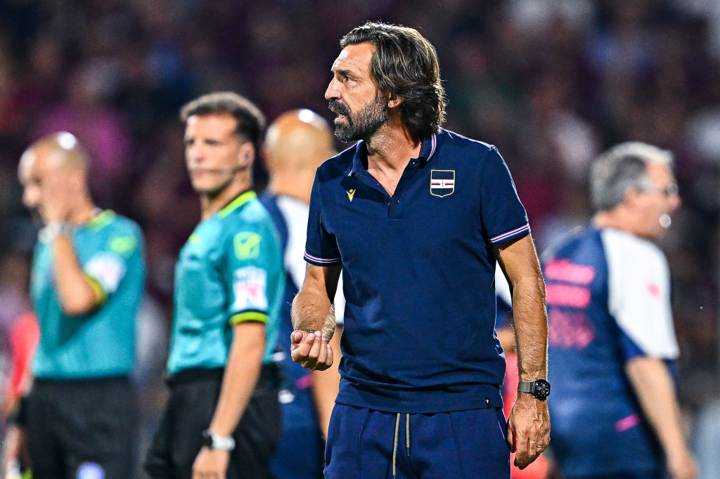 Andrea Pirlo, head coach of Sampdoria, reacts during the Serie B match between US Salernitana and UC Sampdoria at Stadio Arechi on August 27, 2024 in Salerno, Italy