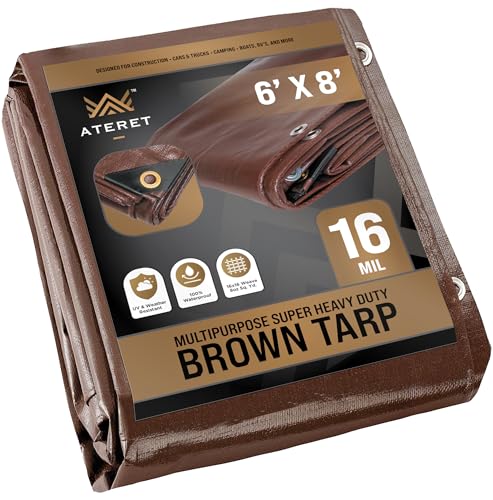 Ateret 6&#039; X 8&#039; Super Heavy Duty 16 Mil Brown Poly Tarp Cover - Uv Resistant, Thick Waterproof, Rip and Tear Proof Tarpaulin With Grommets and Reinforced Edges