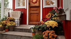 Fall porch with potted plants, including chrysanthemums