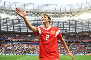 Mario Fernandes salutes the fans after Russia's win over Saudi Arabia at the 2018 World Cup.