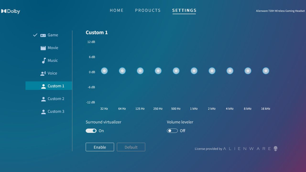 Dolby Atmos EQ settings for Alienware 720H Wireless Gaming Headset.