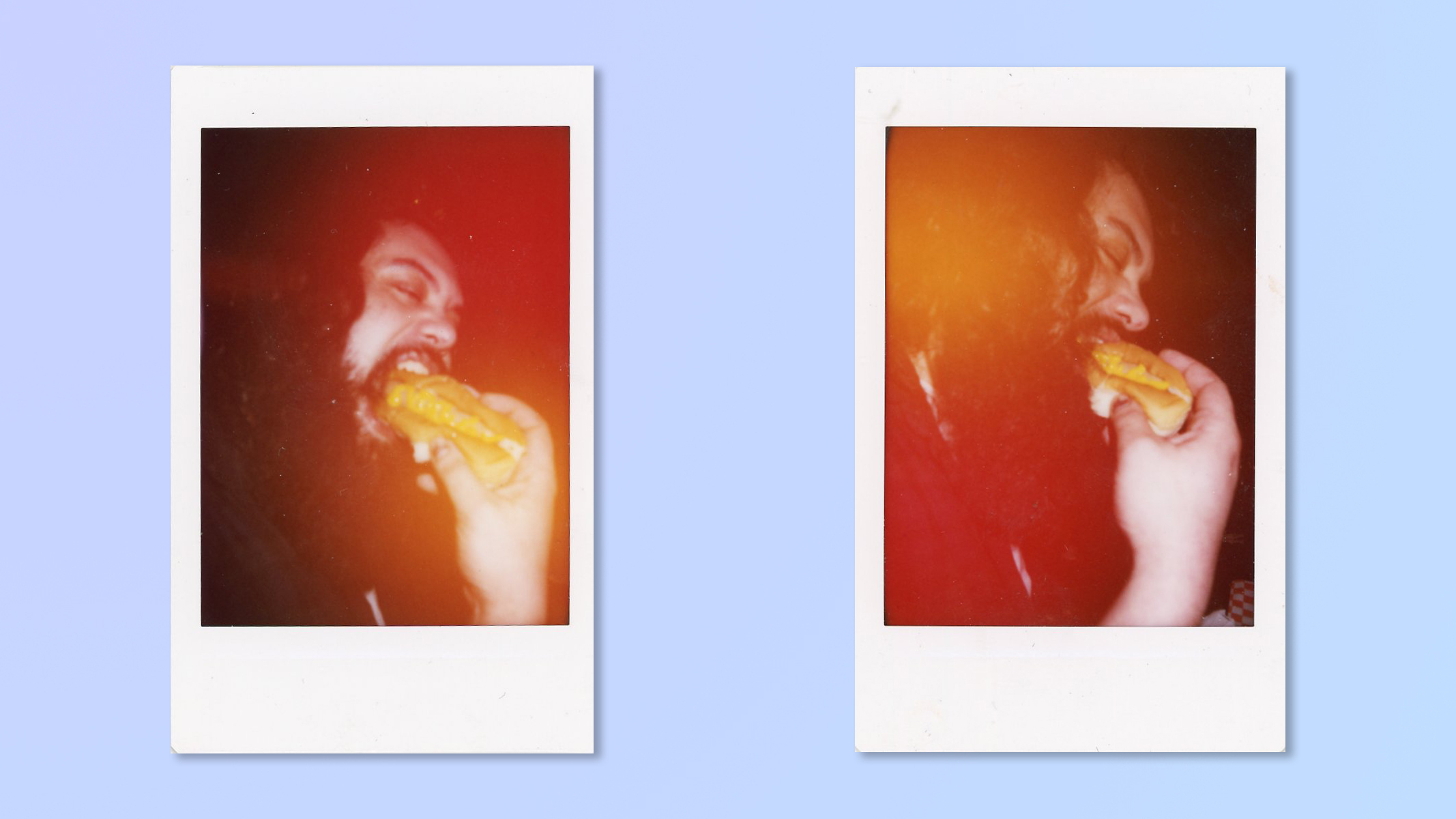 Two Instax photo prints of a man eating a hotdog, scanned and overlaid on a blue background. All taken on a Fujifilm Instax mini 99 showing Light Leak filters.