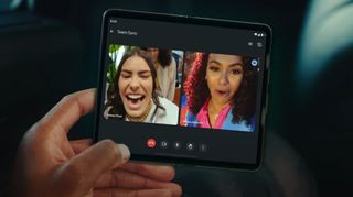 The Google Pixel Fold being used for a video call