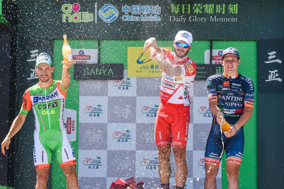 Marco Benfatto (Androni Giocattoli-Sidermec) celebrates victory on stage 7 of the Tour of Hainan.