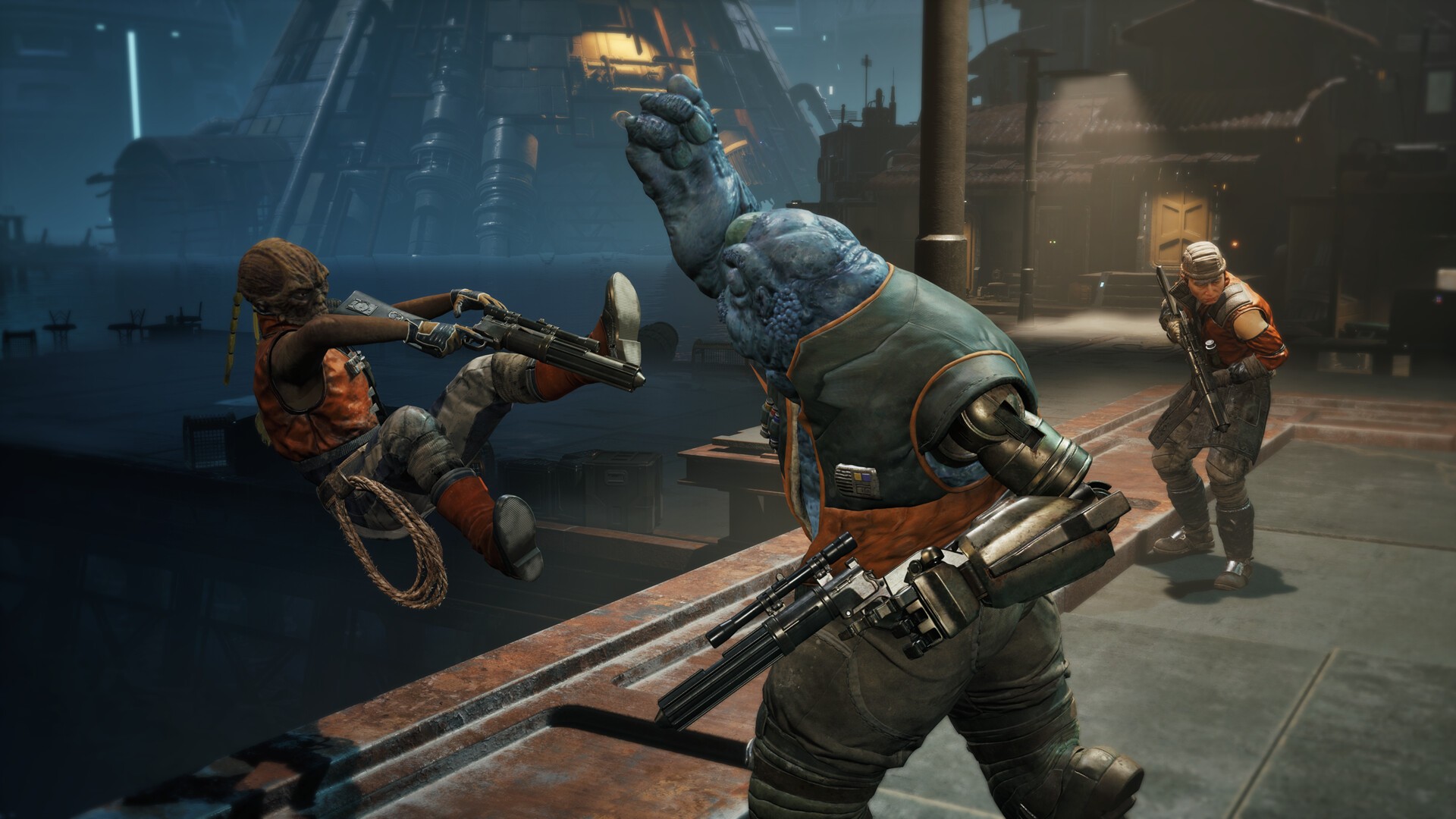 A blue alien uppercuts an enemy off a ledge in Star Wars Zero Company