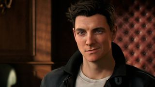 A male animated character with short, dark hair smirks confidently. He wears a black jacket over a white shirt, set against a warmly lit, leather-paneled wall.