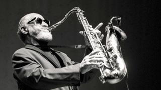 American Jazz musician Sonny Rollins (born Walter Rollins) plays tenor saxophone as he performs (with his sextet) at the Beacon Theater, New York, New York, November 18, 1995