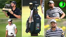 Casey Jarvis' golf bag, with various pictures of him around it