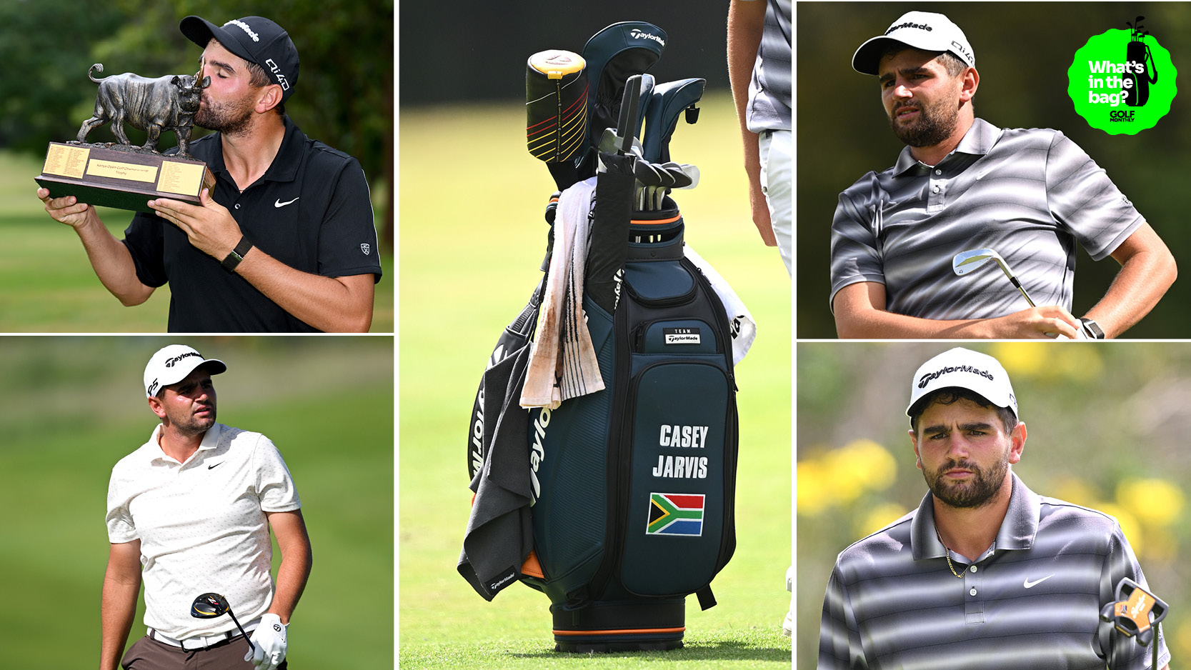 Casey Jarvis' golf bag, with various pictures of him around it