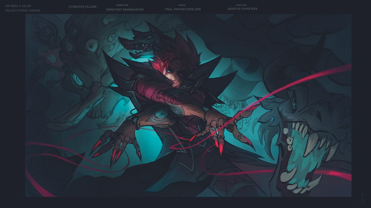 Character art that uses shadows to lead the viewer's eye to the character's face