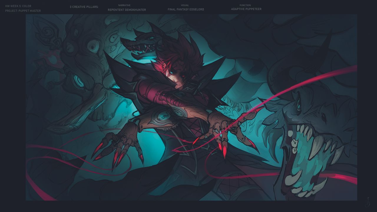 Character art that uses shadows to lead the viewer's eye to the character's face