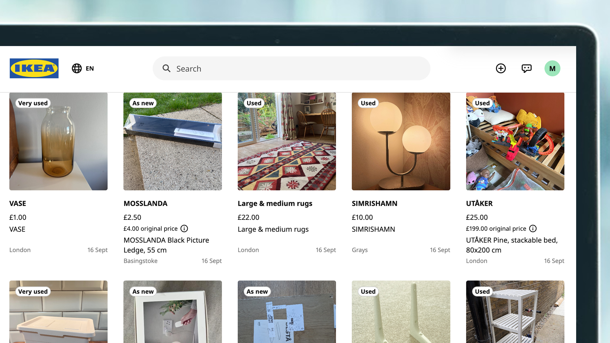 A laptop screen showing IKEA's second-hand marketplace