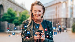 Image of a young woman receives notifications on smart phone. Social media and digital online concept. Social media and people network technology concept.