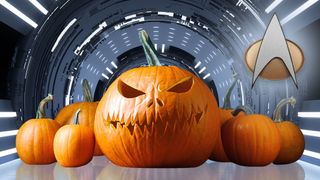 Halloween pumpkins stand in a reflective sci-fi corridor