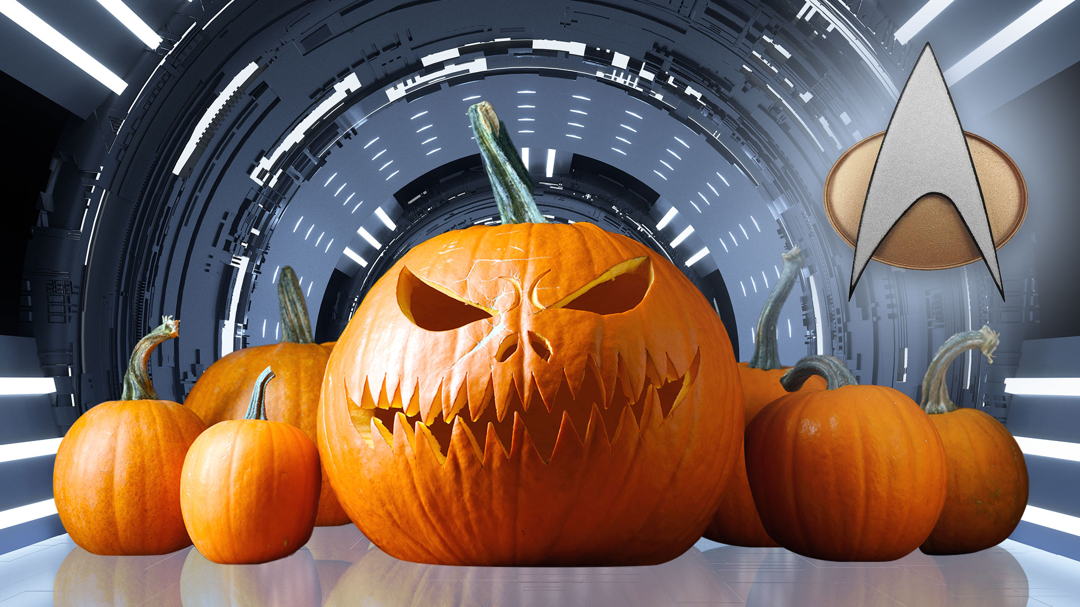 Halloween pumpkins stand in a reflective sci-fi corridor
