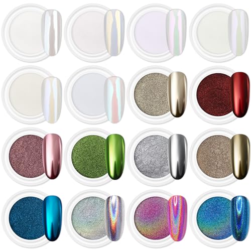 Artdone 16jars Chrome Nail Powder Magic White Pearl Kit Mirror Effect Silver Metallic Holographic Dip Nail Powder for Resin Craft &amp;amp; Nail Art Fimo, Decoration Iridescent Aurora Mermaid Pigment