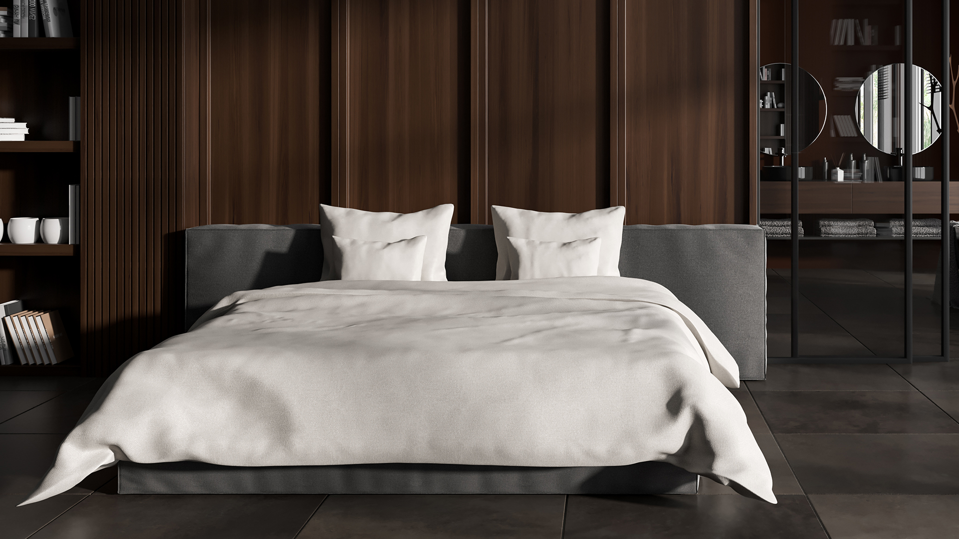 picture of dark wood panelling in bedroom with a bathroom beyond