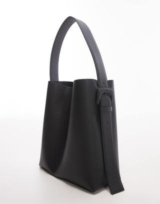 Arket Large Leather Bucket Tote Bag With Side Buckle in Black