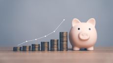 A piggy bank next to stacks of coins